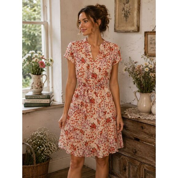 MSK Dresses & Skirts - NWT MSK Floral Tie-Waist Cap Sleeve Dress - Pink/Peach | Size 4